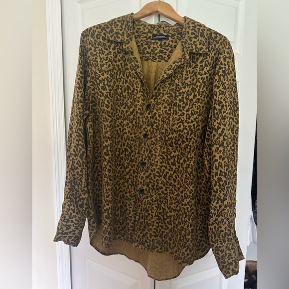 ZARA Premium Denim Collection Leopard Print Brown Shirt XL Button Down Lyocell - Picture 7 of 11
